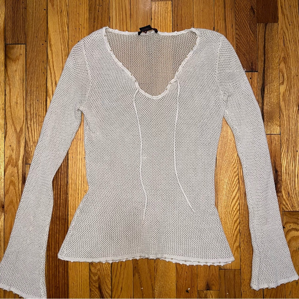 y2k tan beaded crochet knit long sleeve top